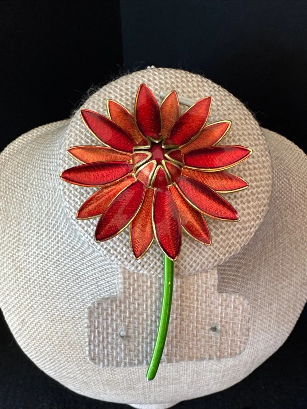 VTG 1960s Made in Germany Enamel Flower Brooch Pin Red Orange Gold Tone Daisy